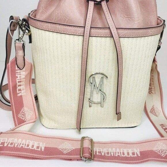 New! Steve Madden Bucket Straw Faux Leather Blush Pink Bohemian Beach TikTok Bag - Picture 3 of 11